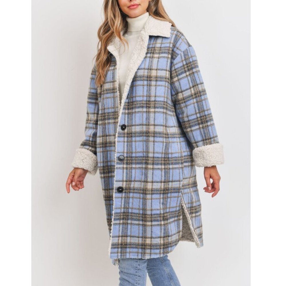 Boho Western Plaid Flannel Faux Fur Sherpa Lined Long Shacket Jacket Coat - Picture 5 of 7
